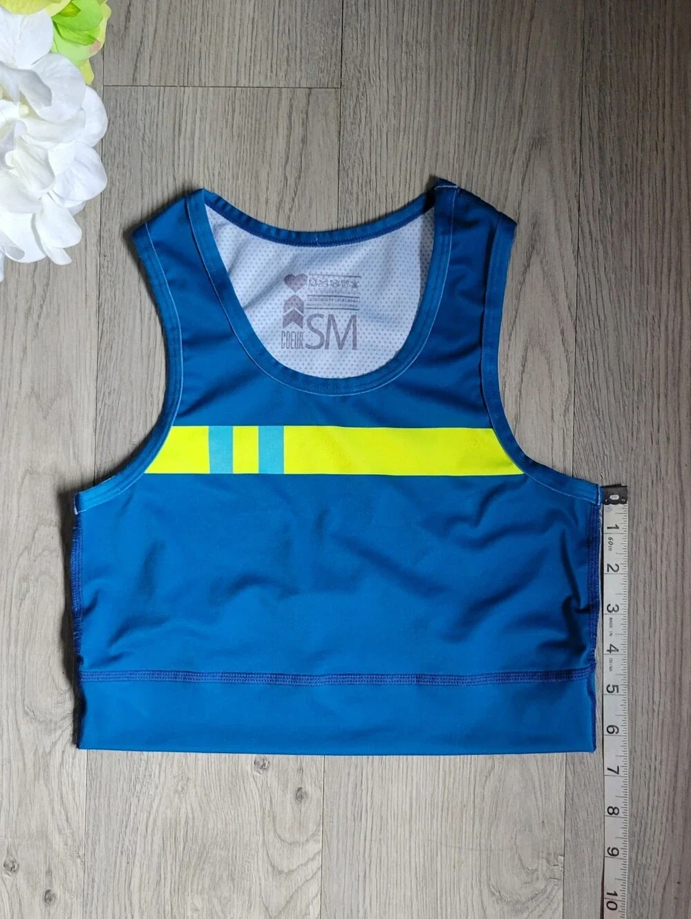 Coeur Sports Run Tech Crop in Flagship Blue & Yellow Racerback Sports Bra, Small